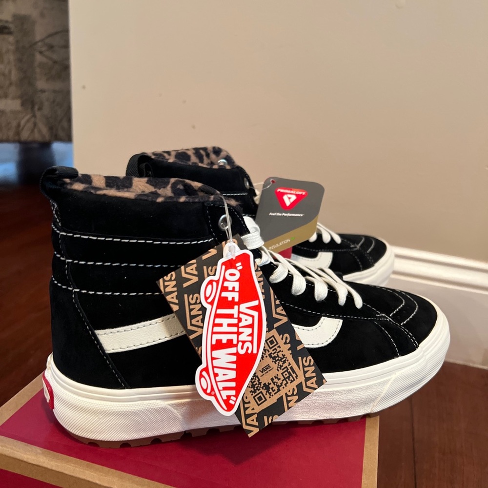 High top suede vans black with leopard print size 9.5/11